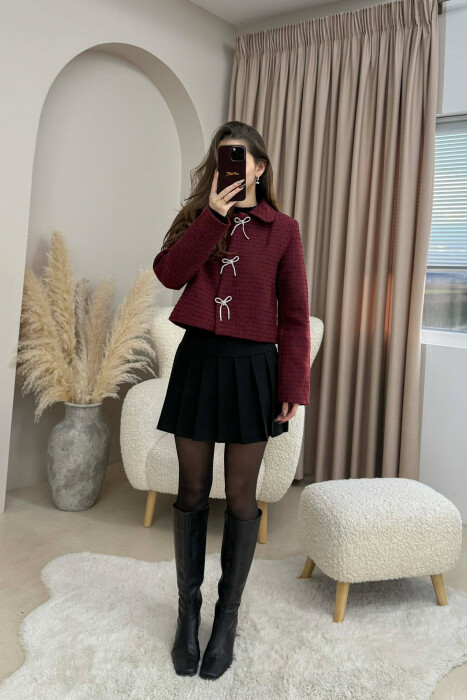 RIBBON BUTTONS CROPPED WOMEN JACKET BURGUNDY/VISHNJE 