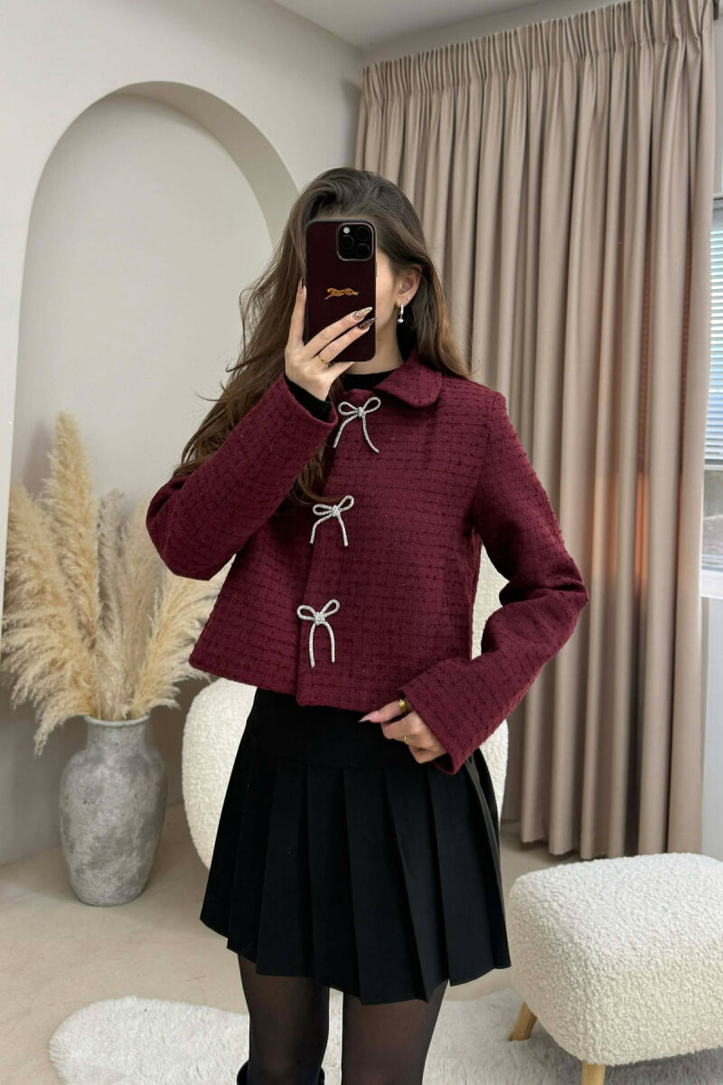 RIBBON BUTTONS CROPPED WOMEN JACKET BURGUNDY/VISHNJE - 2