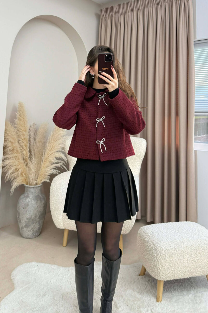 RIBBON BUTTONS CROPPED WOMEN JACKET BURGUNDY/VISHNJE - 4