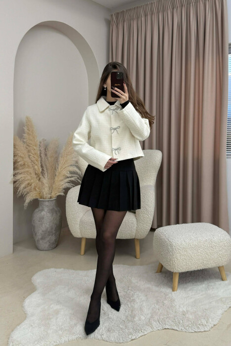 RIBBON BUTTONS CROPPED WOMEN JACKET CREAM/KREM 