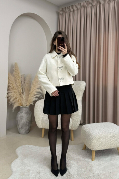 RIBBON BUTTONS CROPPED WOMEN JACKET CREAM/KREM - 2