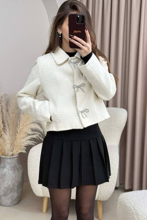 RIBBON BUTTONS CROPPED WOMEN JACKET CREAM/KREM - 4