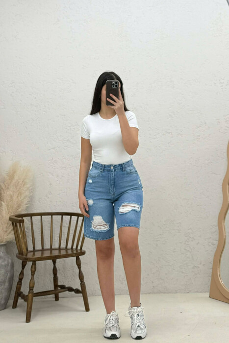 RIPPED DENIM WOMEN SHORTS LIGHTBLUE/BZ - KLAUDIO FASHION