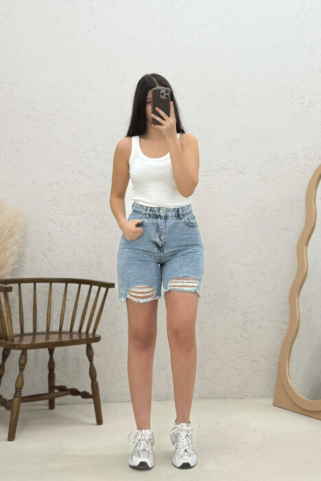RIPPED KNEE HIGH WAIST DENIM WOMAN SHORTS LIGHTBLUE/BZ - 1