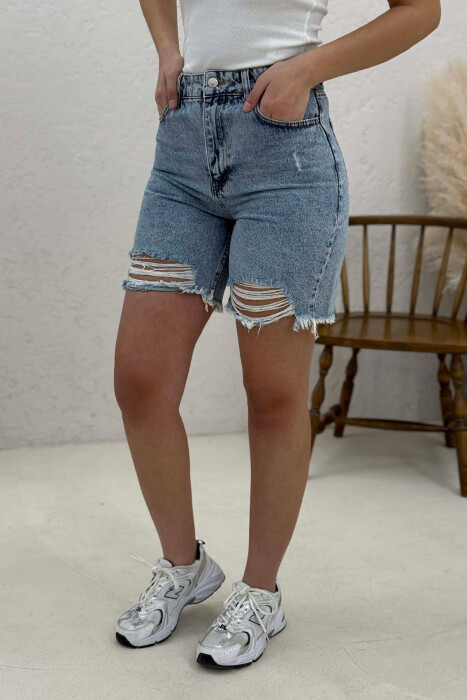 RIPPED KNEE HIGH WAIST DENIM WOMAN SHORTS LIGHTBLUE/BZ - 2