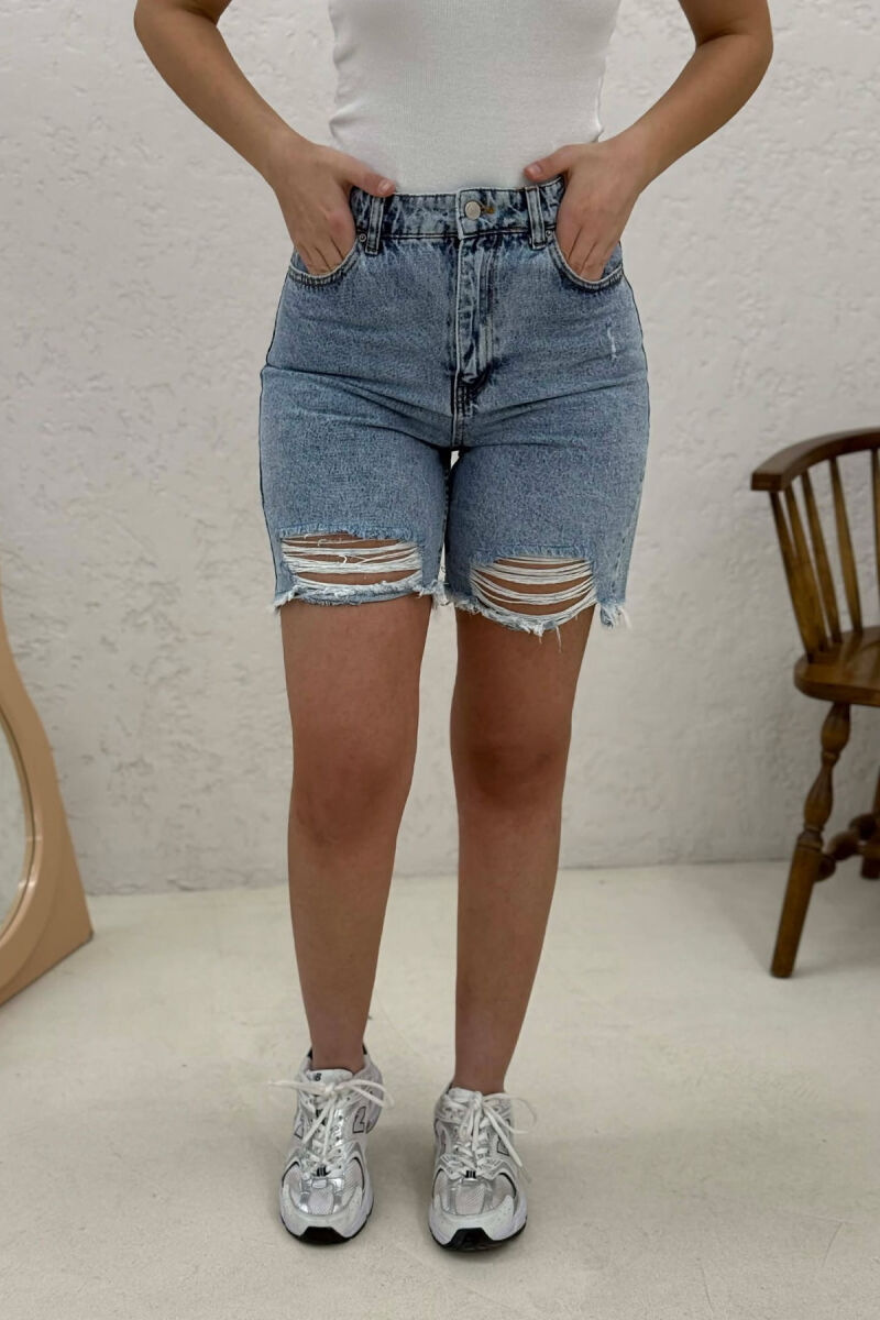RIPPED KNEE HIGH WAIST DENIM WOMAN SHORTS LIGHTBLUE/BZ - 5