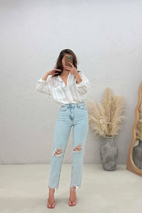 RIPPED ONE COLOR WOMAN JEANS LIGHTBLUE/BZ - KLAUDIO FASHION