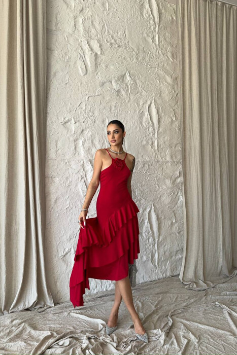 ROSE DETAIL THIN STRAPS WOMAN DRESS RED/E KUQE - KLAUDIO FASHION