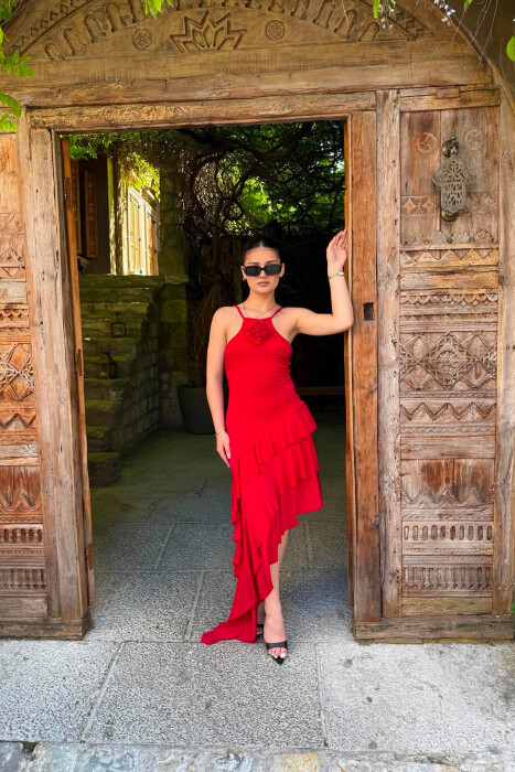 ROSE DETAIL THIN STRAPS WOMAN DRESS RED/E KUQE - KLAUDIO FASHION