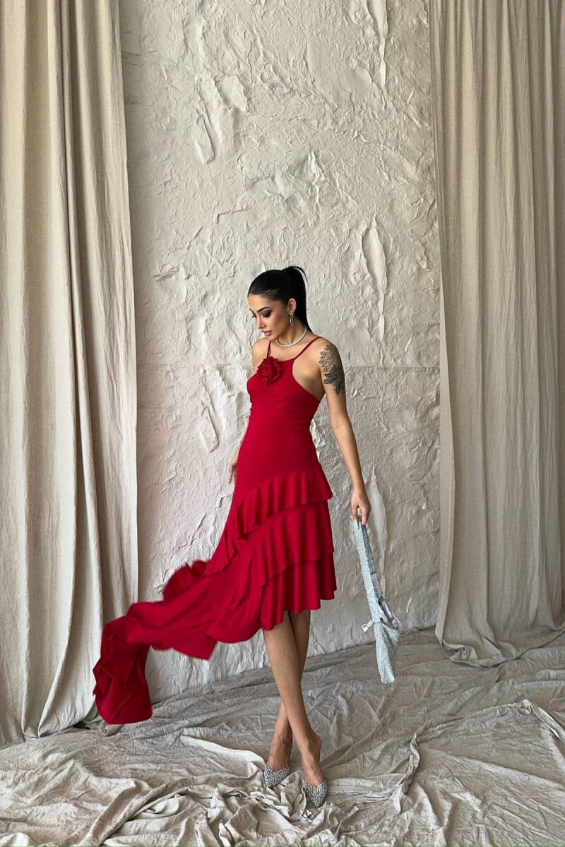 ROSE DETAIL THIN STRAPS WOMAN DRESS RED/E KUQE - 4