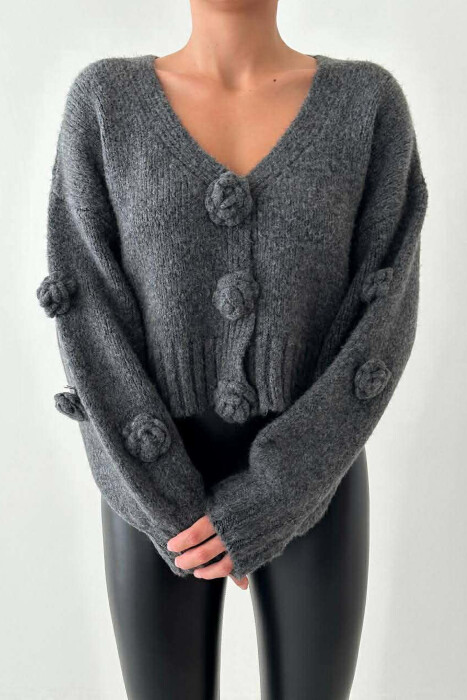 ROSE DETAILS ONE COLOR WOMEN CARDIGAN DARK GREY/GEE 