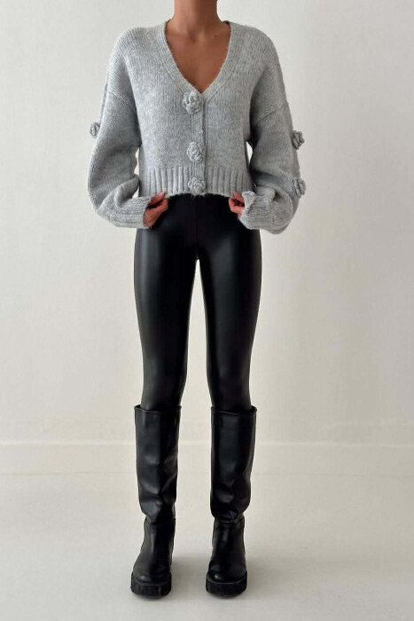 ROSE DETAILS ONE COLOR WOMEN CARDIGAN LIGHT GREY/GZ 