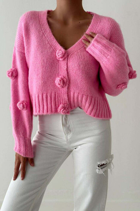 ROSE DETAILS ONE COLOR WOMEN CARDIGAN PINK/ROZE 