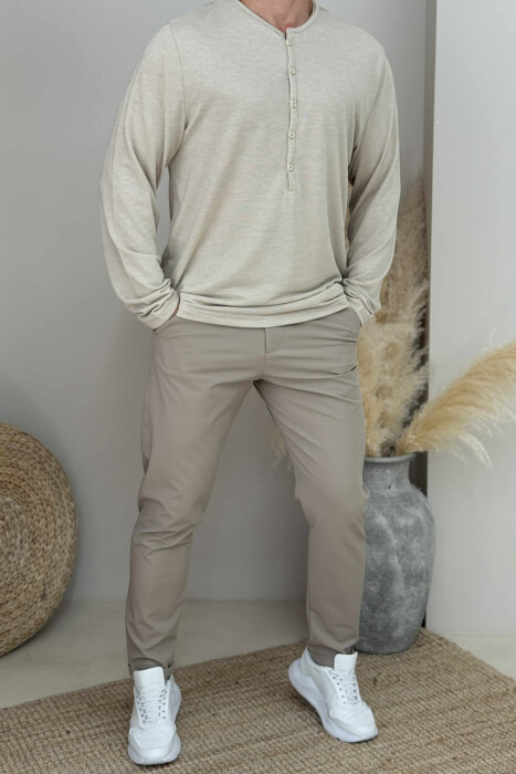 ROUND BUTTONED NECK ONE COLOR MEN SHIRT BEIGE/BEZHE - 2