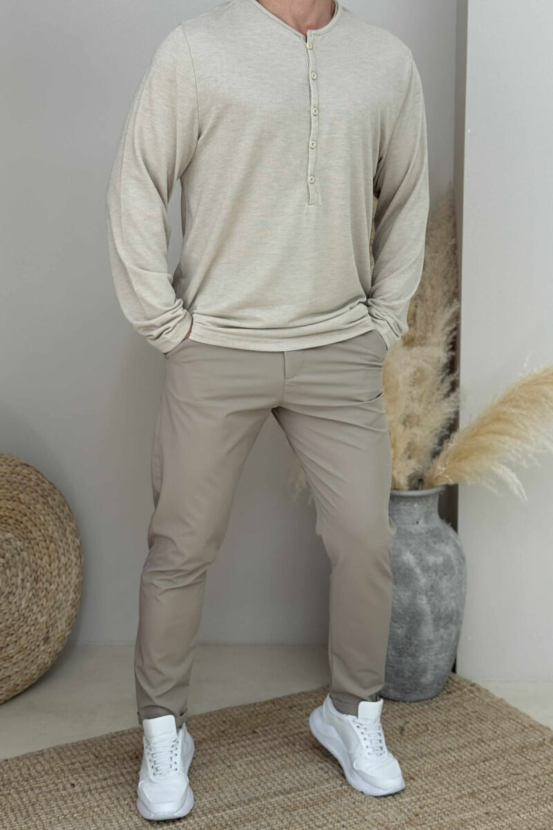 ROUND BUTTONED NECK ONE COLOR MEN SHIRT BEIGE/BEZHE - 2