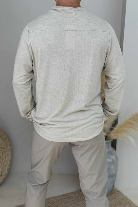 ROUND BUTTONED NECK ONE COLOR MEN SHIRT BEIGE/BEZHE - 3