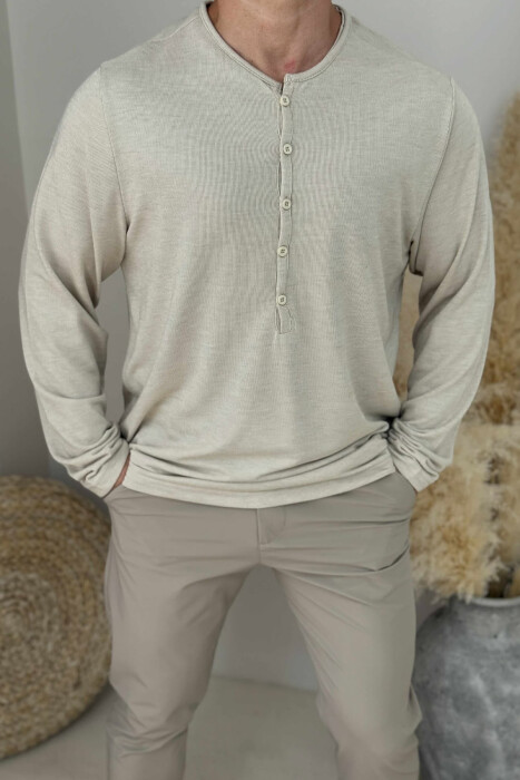 ROUND BUTTONED NECK ONE COLOR MEN SHIRT BEIGE/BEZHE - 1