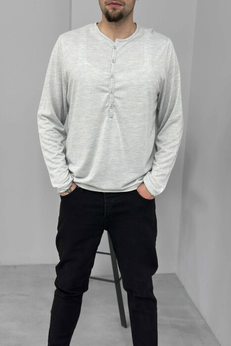 ROUND BUTTONED NECK ONE COLOR MEN SHIRT LIGHT GREY/GZ - KLAUDIO FASHION