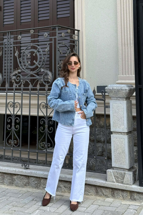 ROUND NECK DENIM WOMEN JACKET BLUE/BLU - KLAUDIO FASHION