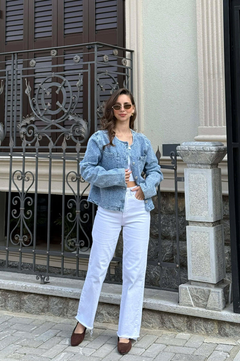 ROUND NECK DENIM WOMEN JACKET BLUE/BLU - 1