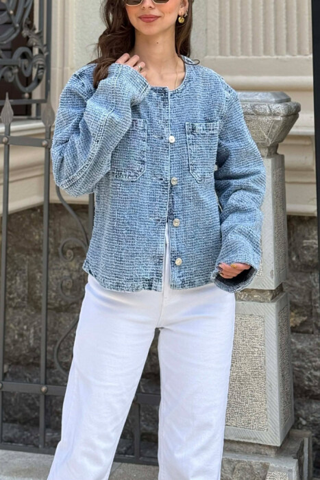 ROUND NECK DENIM WOMEN JACKET BLUE/BLU - 3