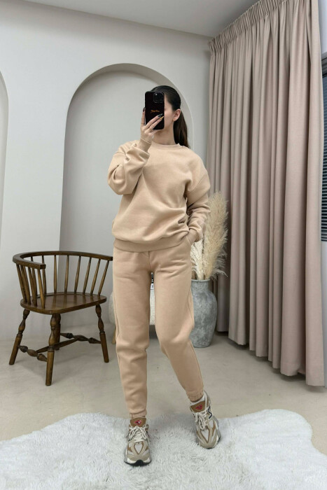 ROUND NECK FLUFFY SWEATSHIRT+ JOGGERS WOMEN SET BEIGE/BEZHE 