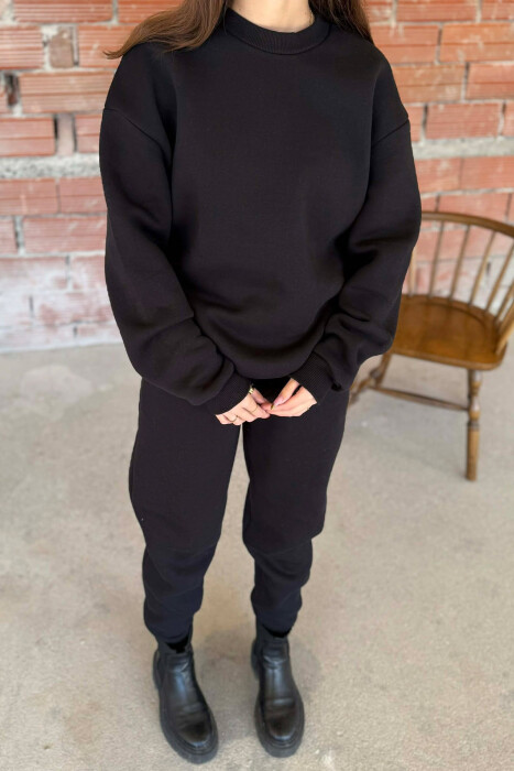 ROUND NECK FLUFFY SWEATSHIRT+ JOGGERS WOMEN SET BLACK/ E ZEZE - 4