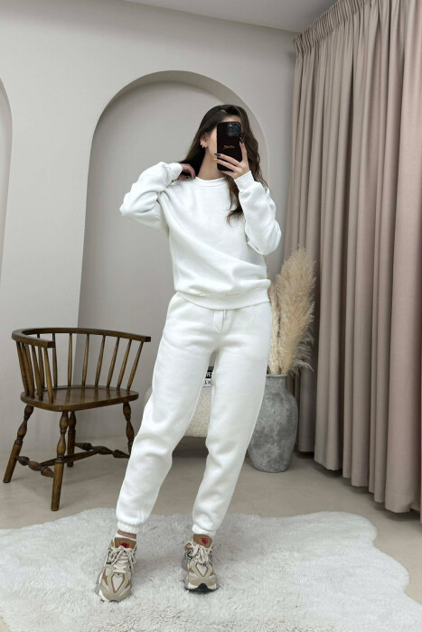 ROUND NECK FLUFFY SWEATSHIRT+ JOGGERS WOMEN SET WHITE-E BARDHE - 1