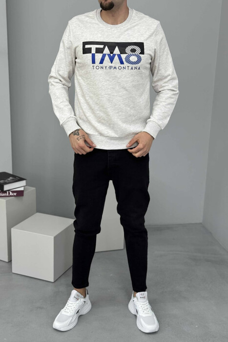 ROUND NECK FRONT DESIGN MEN SWEATSHIRT CREAM/KREM 