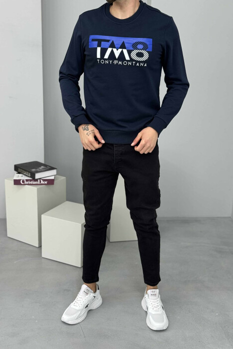 ROUND NECK FRONT DESIGN MEN SWEATSHIRT DARK BLUE/BEE - 1