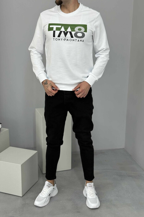 ROUND NECK FRONT DESIGN MEN SWEATSHIRT WHITE-E BARDHE 