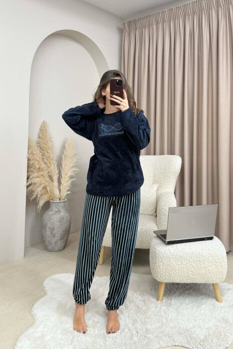 ROUND NECK FRONT DESIGN SWEATSHIRT+SWEATPANTS WOMEN PYJAMAS DARK BLUE/BEE - 1
