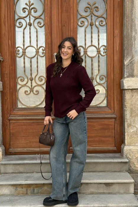 ROUND NECK KNITTED ONE COLOR WOMEN SWEATER BURGUNDY/VISHNJE - KLAUDIO FASHION