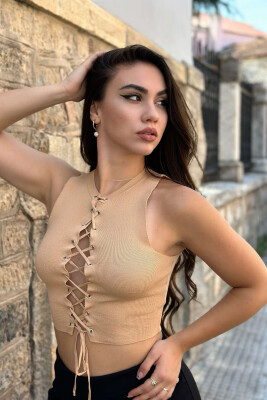 ROUND NECK LACY WOMAN TOP BEIGE/BEZHE 