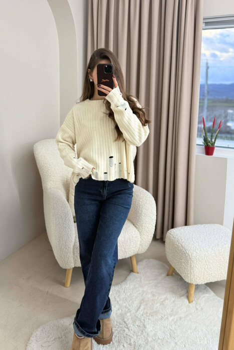 ROUND NECK ONE COLOR RIPPED WOMEN SWEATER BEIGE/BEZHE - 1