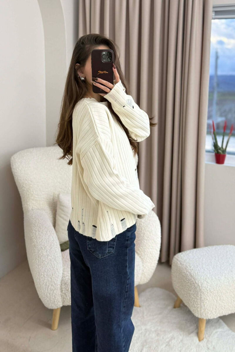 ROUND NECK ONE COLOR RIPPED WOMEN SWEATER BEIGE/BEZHE - 2