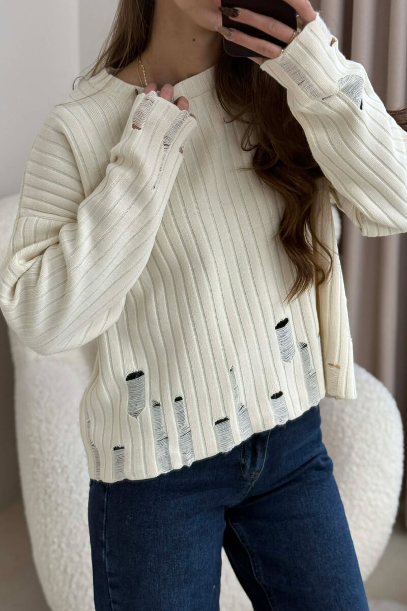 ROUND NECK ONE COLOR RIPPED WOMEN SWEATER BEIGE/BEZHE - 3