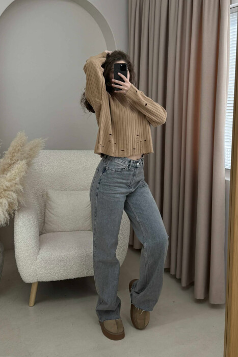 ROUND NECK ONE COLOR RIPPED WOMEN SWEATER BROWN/KAFE - 2