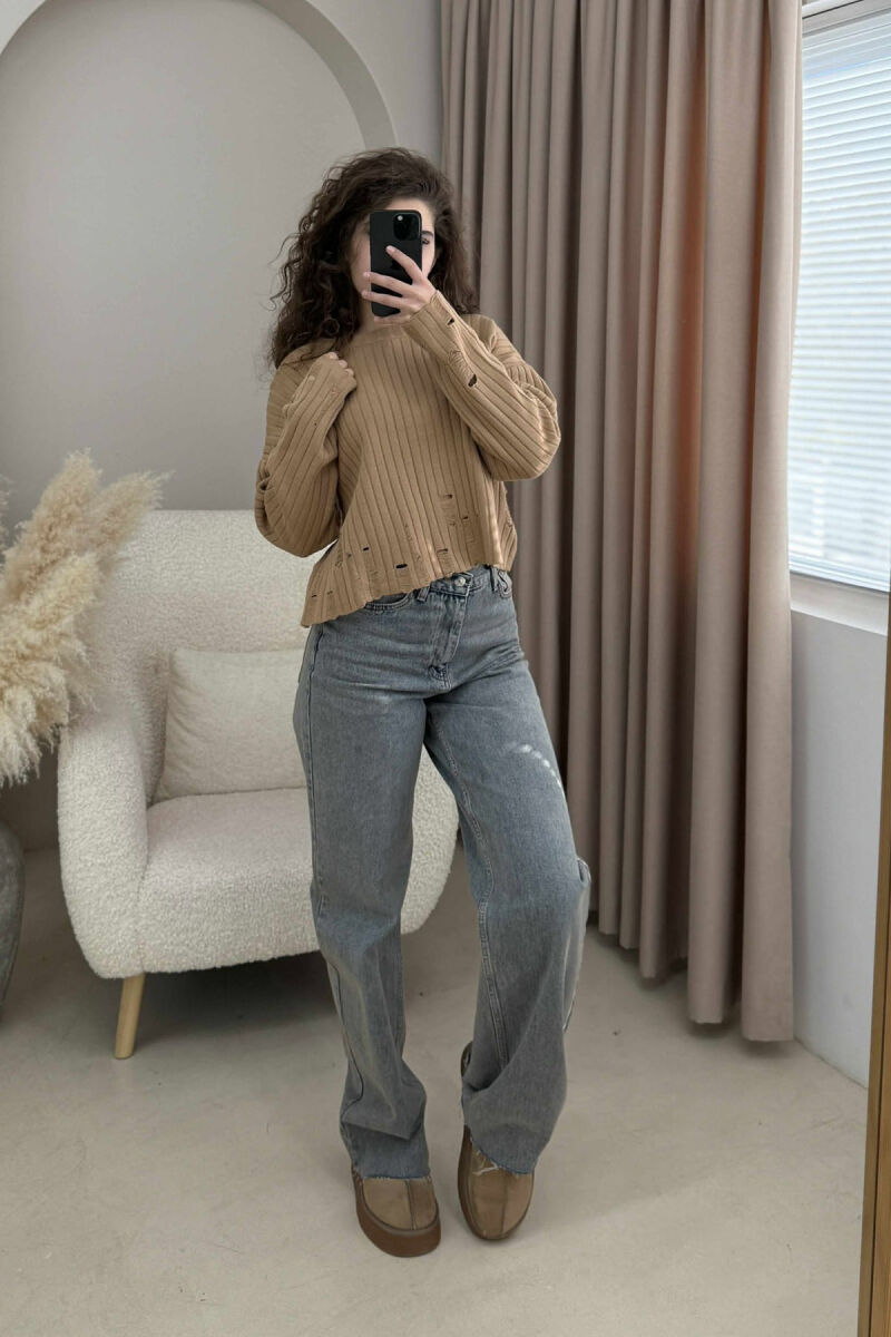 ROUND NECK ONE COLOR RIPPED WOMEN SWEATER BROWN/KAFE - 1
