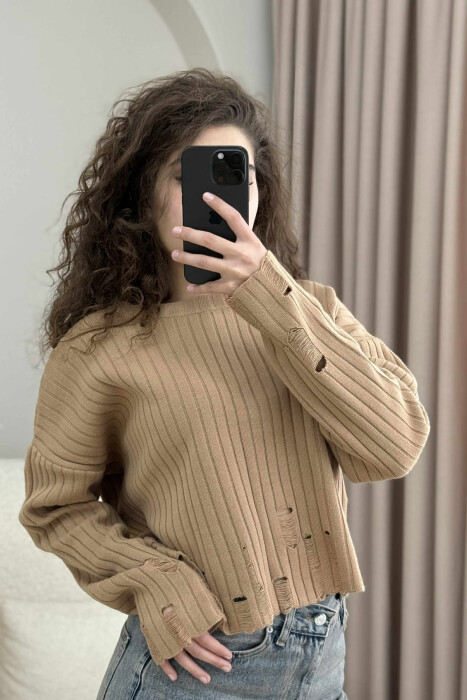 ROUND NECK ONE COLOR RIPPED WOMEN SWEATER BROWN/KAFE - 3