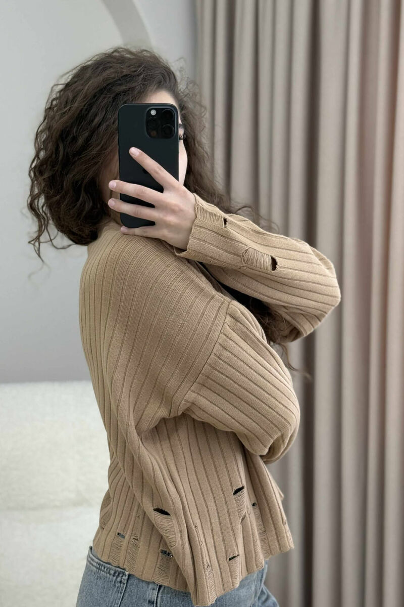 ROUND NECK ONE COLOR RIPPED WOMEN SWEATER BROWN/KAFE - 4