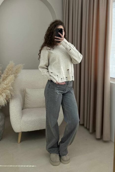 ROUND NECK ONE COLOR RIPPED WOMEN SWEATER CREAM/KREM 