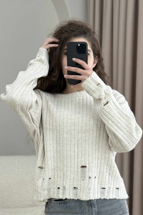 ROUND NECK ONE COLOR RIPPED WOMEN SWEATER CREAM/KREM - 3