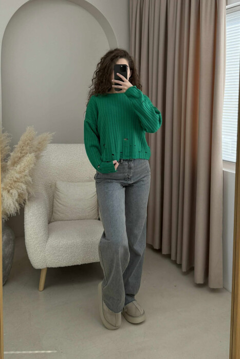 ROUND NECK ONE COLOR RIPPED WOMEN SWEATER GREEN/JESHILE 