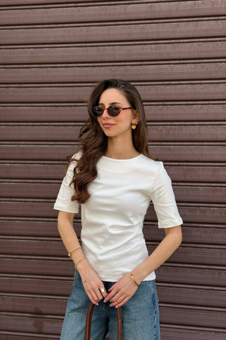ROUND NECK ONE COLOR WOMAN T-SHIRT WHITE-E BARDHE - KLAUDIO FASHION