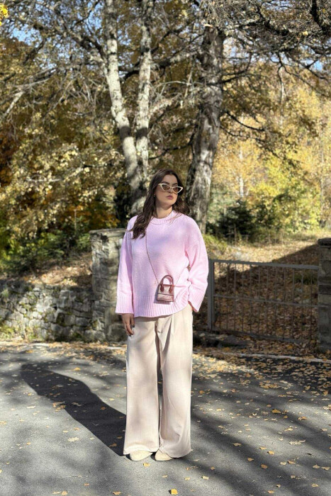 ROUND NECK ONE COLOR WOMEN SWEATER BABY PINK/ROZB - 1