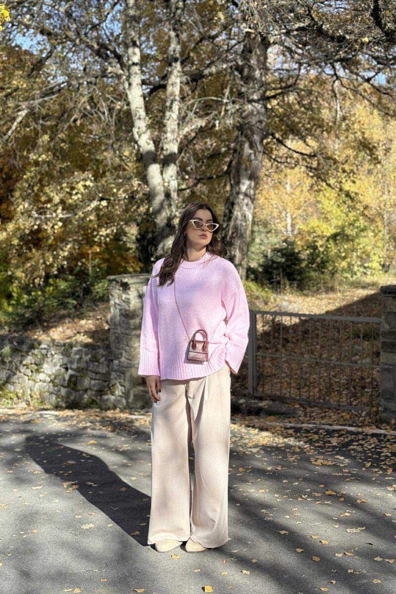 ROUND NECK ONE COLOR WOMEN SWEATER BABY PINK/ROZB - 1