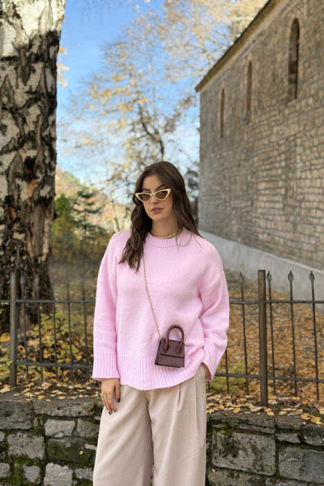 ROUND NECK ONE COLOR WOMEN SWEATER BABY PINK/ROZB - 4