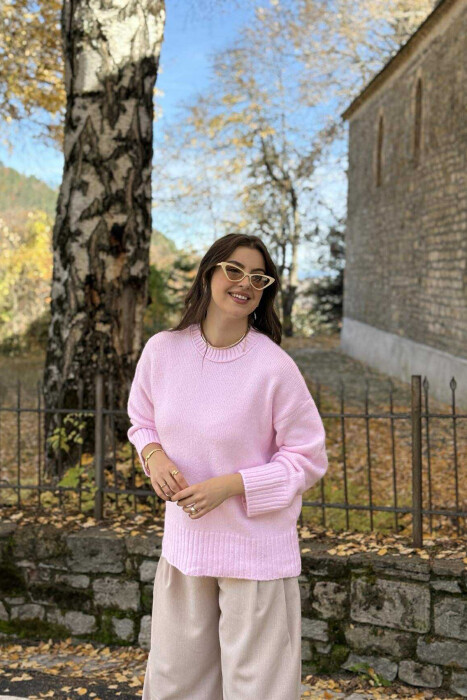 ROUND NECK ONE COLOR WOMEN SWEATER BABY PINK/ROZB - 5