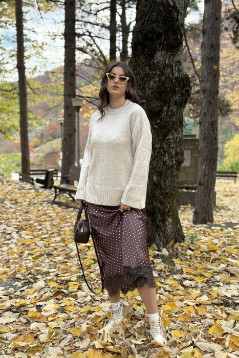 ROUND NECK ONE COLOR WOMEN SWEATER CREAM/KREM - KLAUDIO FASHION